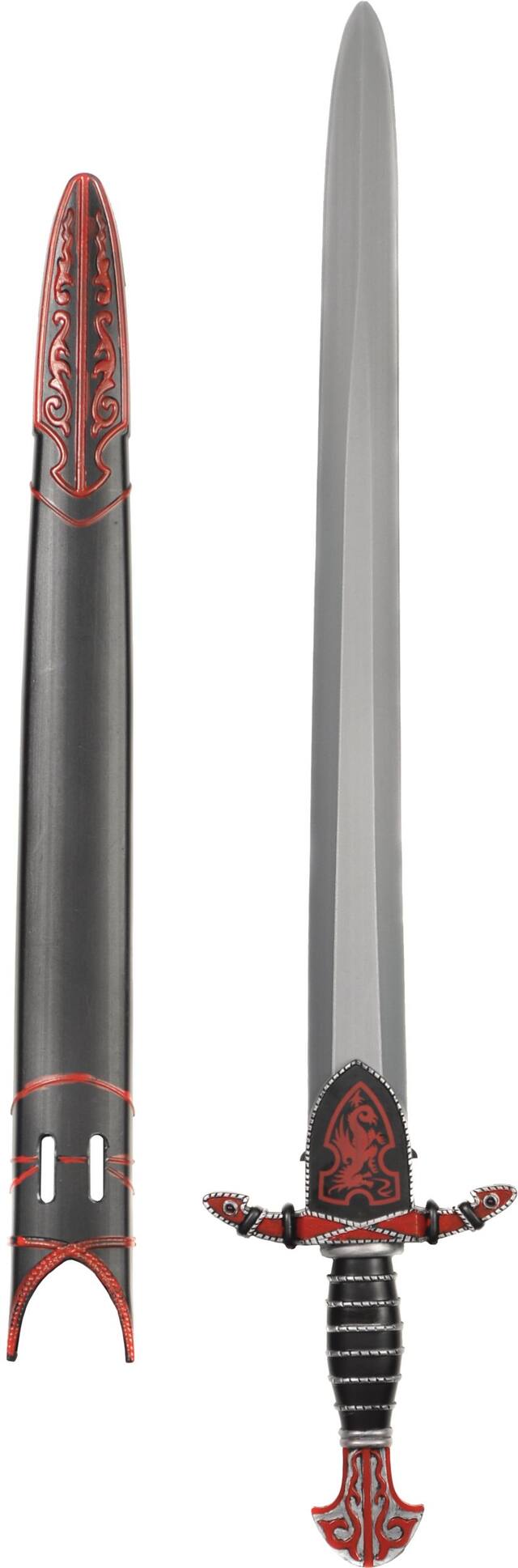 Medieval Knight Double-Edged Sword Weapon, Silver/Red, 27-in, Wearable Costume Prop for Halloween Front_Flat