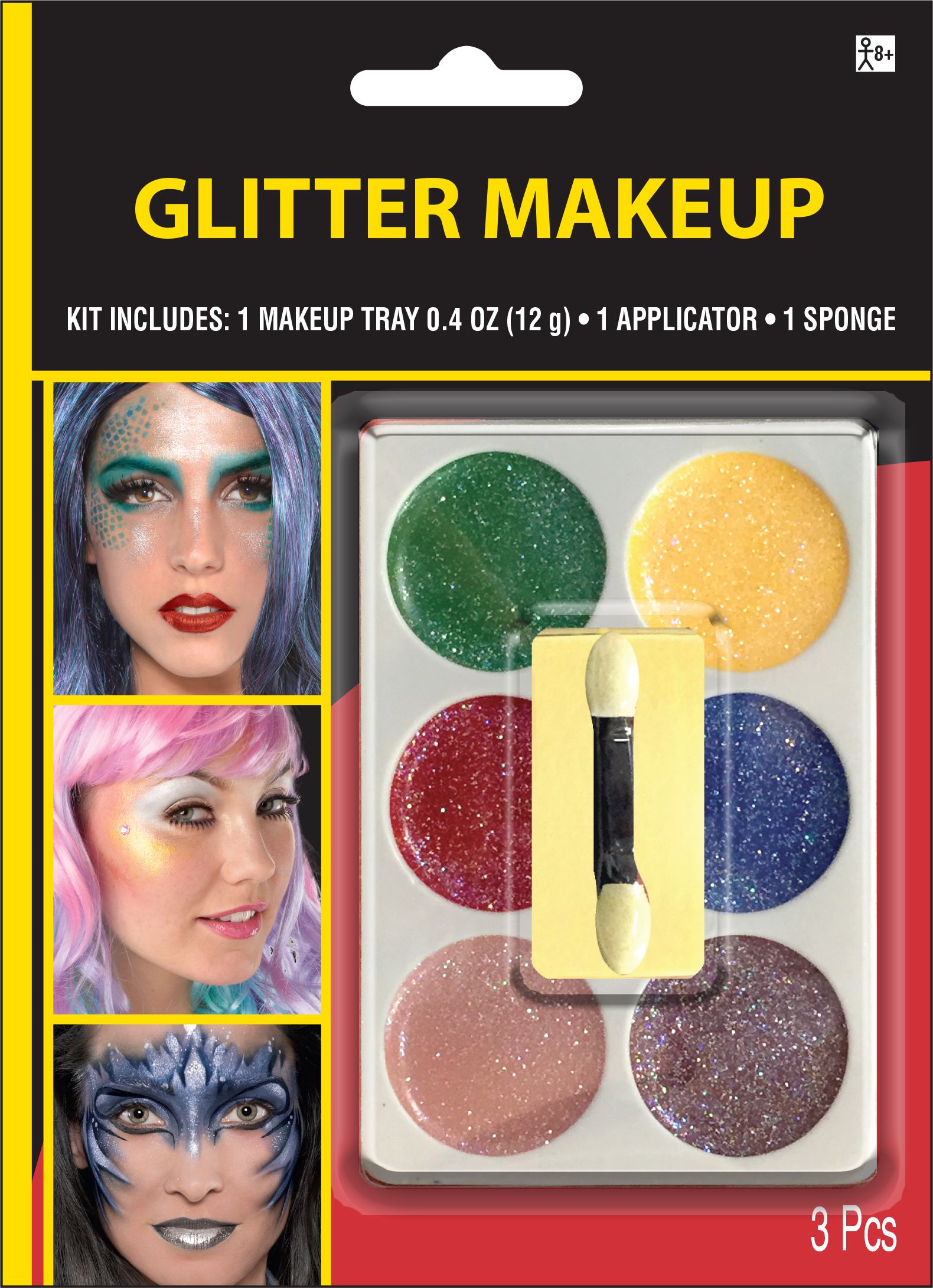 6 Colour Glitter Face Makeup Palette with Applicator, Multi-Coloured, 12-g, 3-pk, Costume Accessories for Halloween Front_Flat