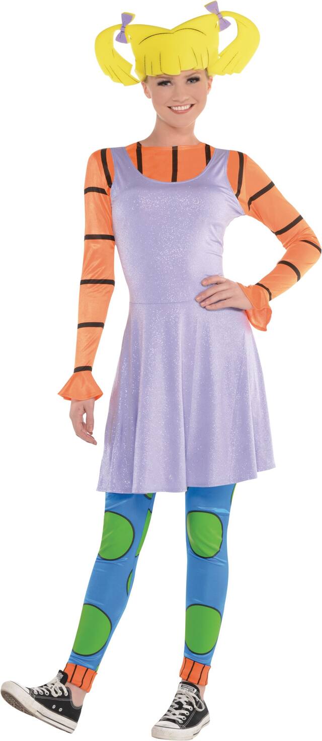 Costume d'Angelica des Razmoket pour femmes, robe violette avec collant et boucles pour cheveux, choix de tailles Front_Flat