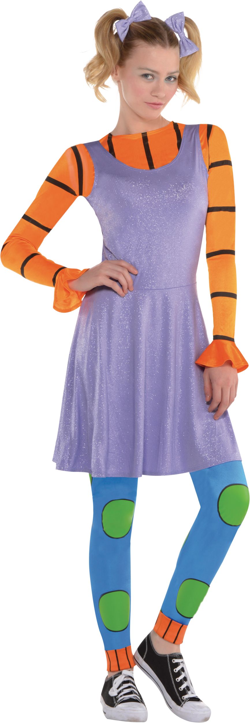 Women's Nickelodeon Rugrats Angelica Purple Dress with Leggings & Hair Bows Halloween Costume, Assorted Sizes Front_Flat