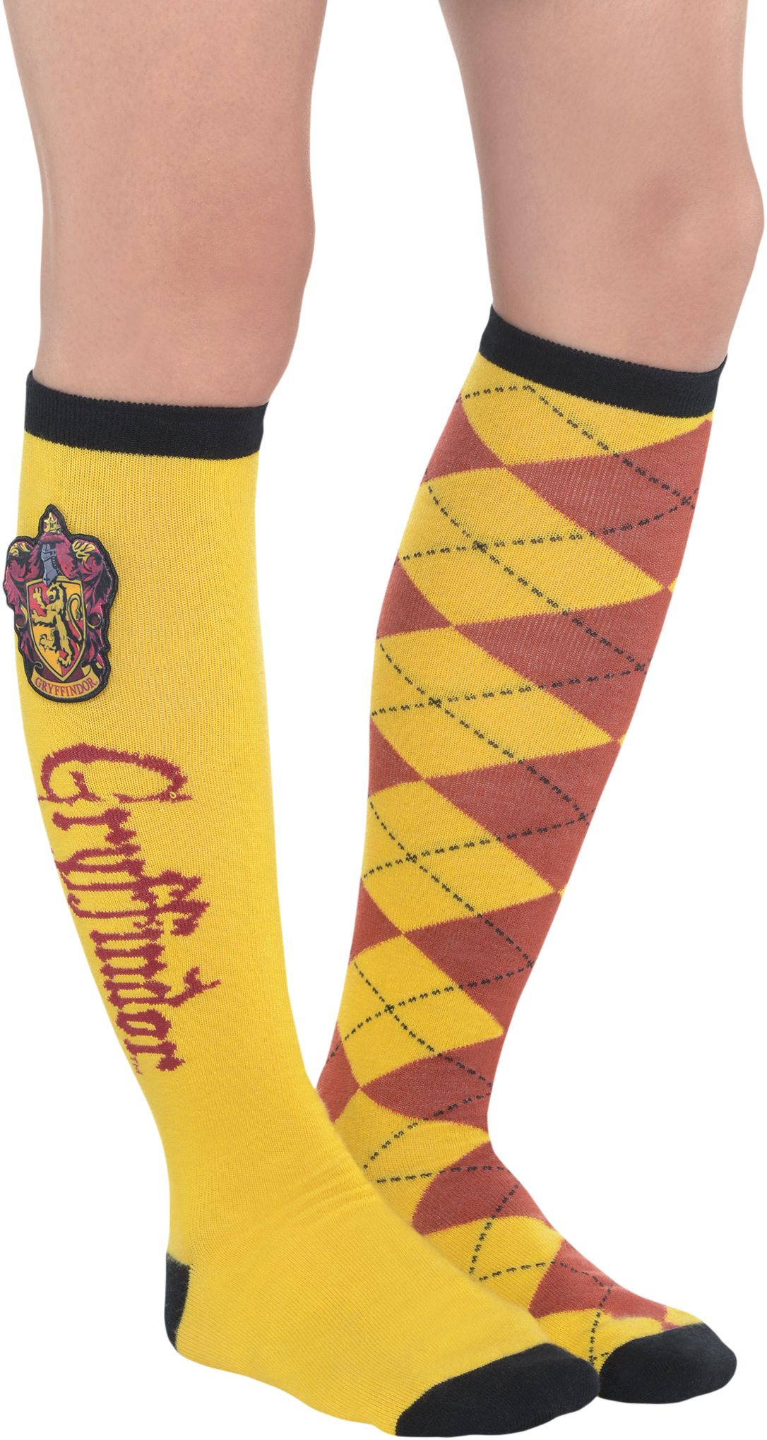 Adult Harry Potter "Gryffindor" Knee High Socks, Red/Yellow Argyle, One Size, Wearable Costume Accessory for Halloween Front_Angled_Right