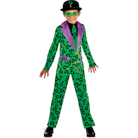 Kids' DC Riddler Green/Purple Suit with Hat & Mask Halloween Costume, Assorted Sizes Front_Angled_Right