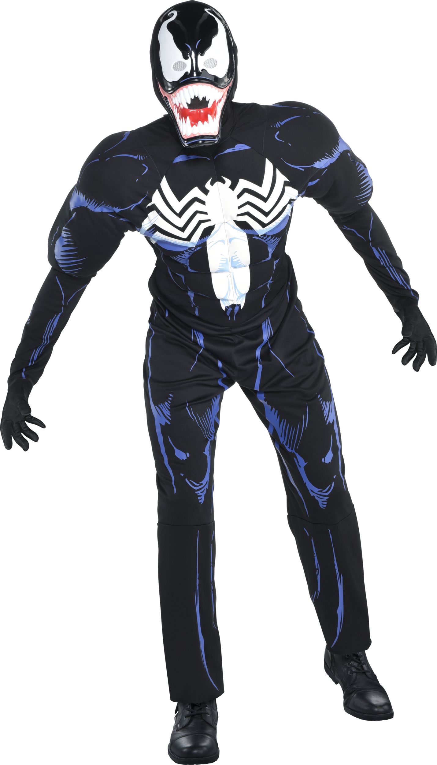 Men's Disney Marvel Spider-Man Venom Black/Blue Padded Jumpsuit with Mask Halloween Costume, Assorted Sizes Front_Flat