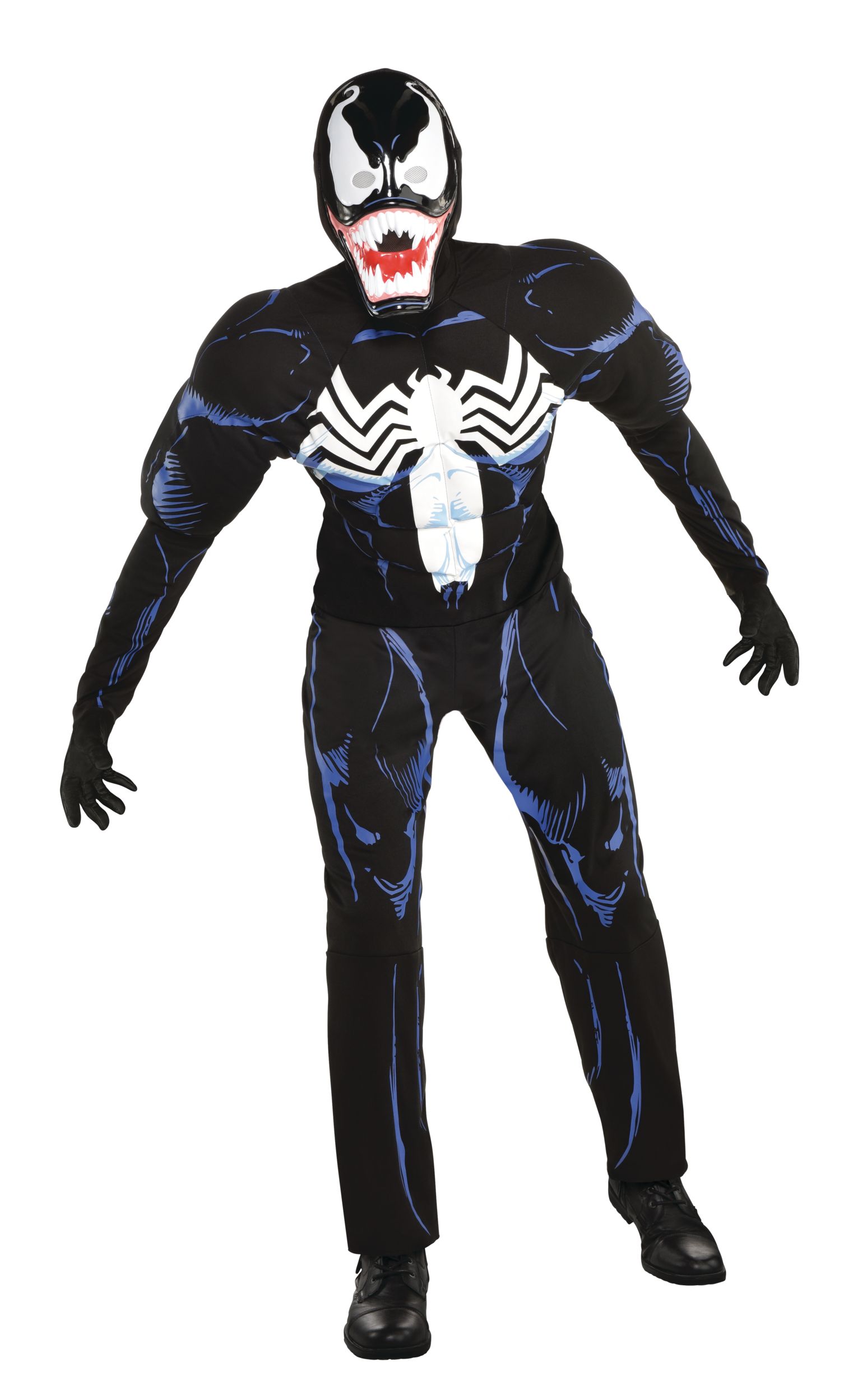 Men's Disney Marvel Spider-Man Venom Black/Blue Padded Jumpsuit with Mask Halloween Costume, Assorted Sizes Front_Flat