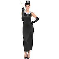 Women's Breakfast at Tiffany's Holly Golightly Black Dress with Tiara/Gloves/Cigarette Holder Halloween Costume, Assorted Sizes Front_Flat