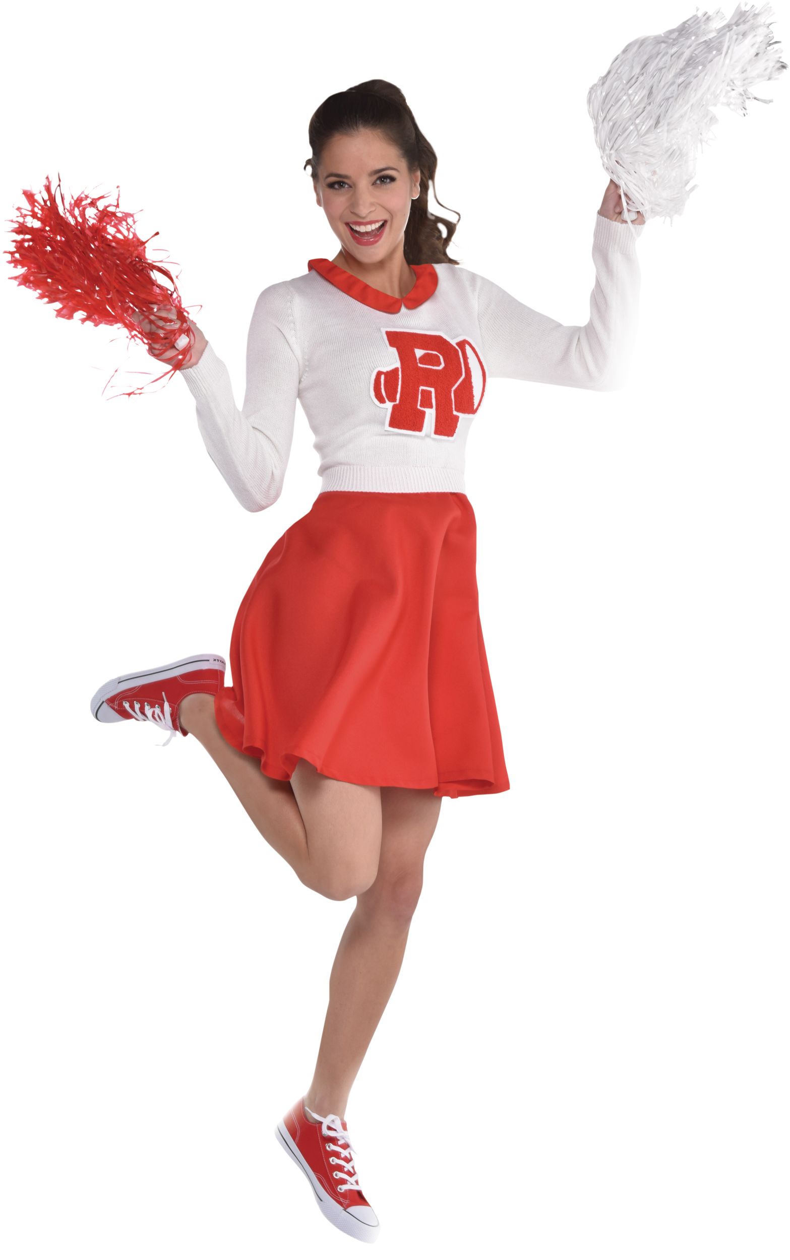 Women's Grease Red/White Rydell High Cheerleader Uniform Halloween Costume, One Size Front_Angled_Right