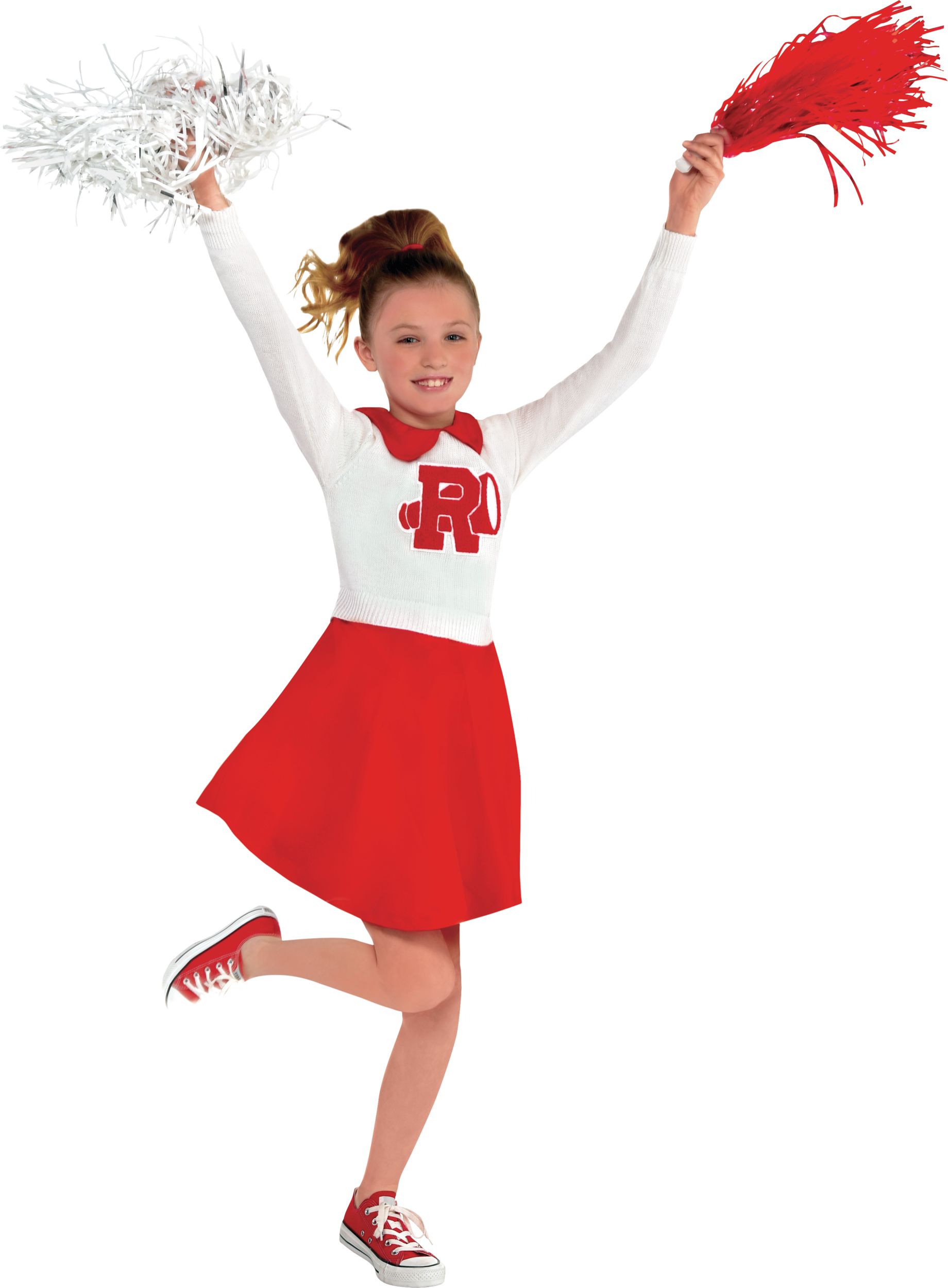 Kids' Grease Red/White Rydell High Cheerleader Uniform Halloween Costume, Assorted Sizes Front_Angled_Right