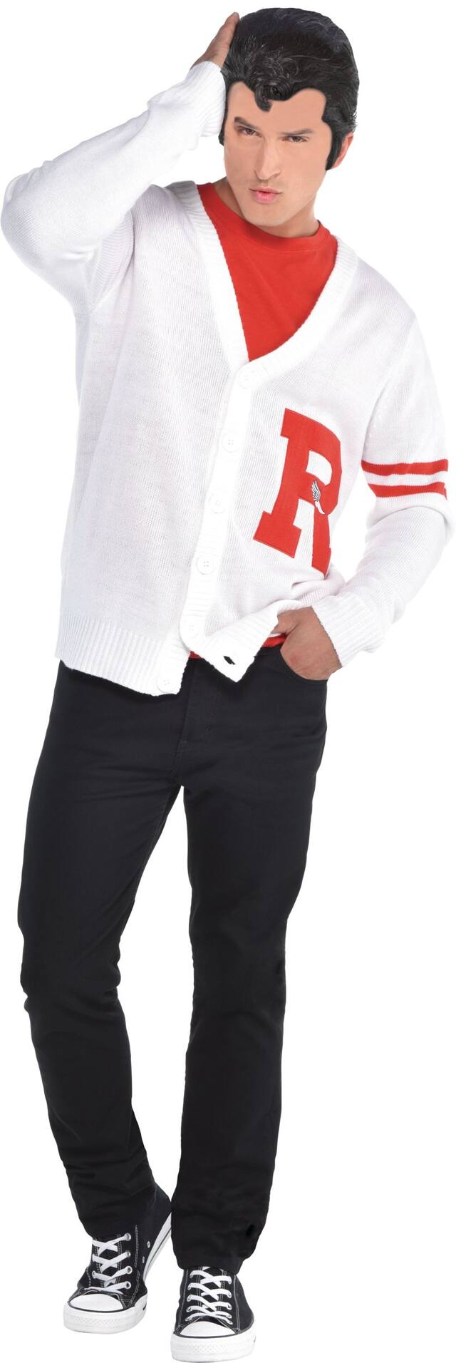 Men's Grease Red/White Rydell High Letterman Sweater Halloween Costume, Assorted Sizes Front_Flat