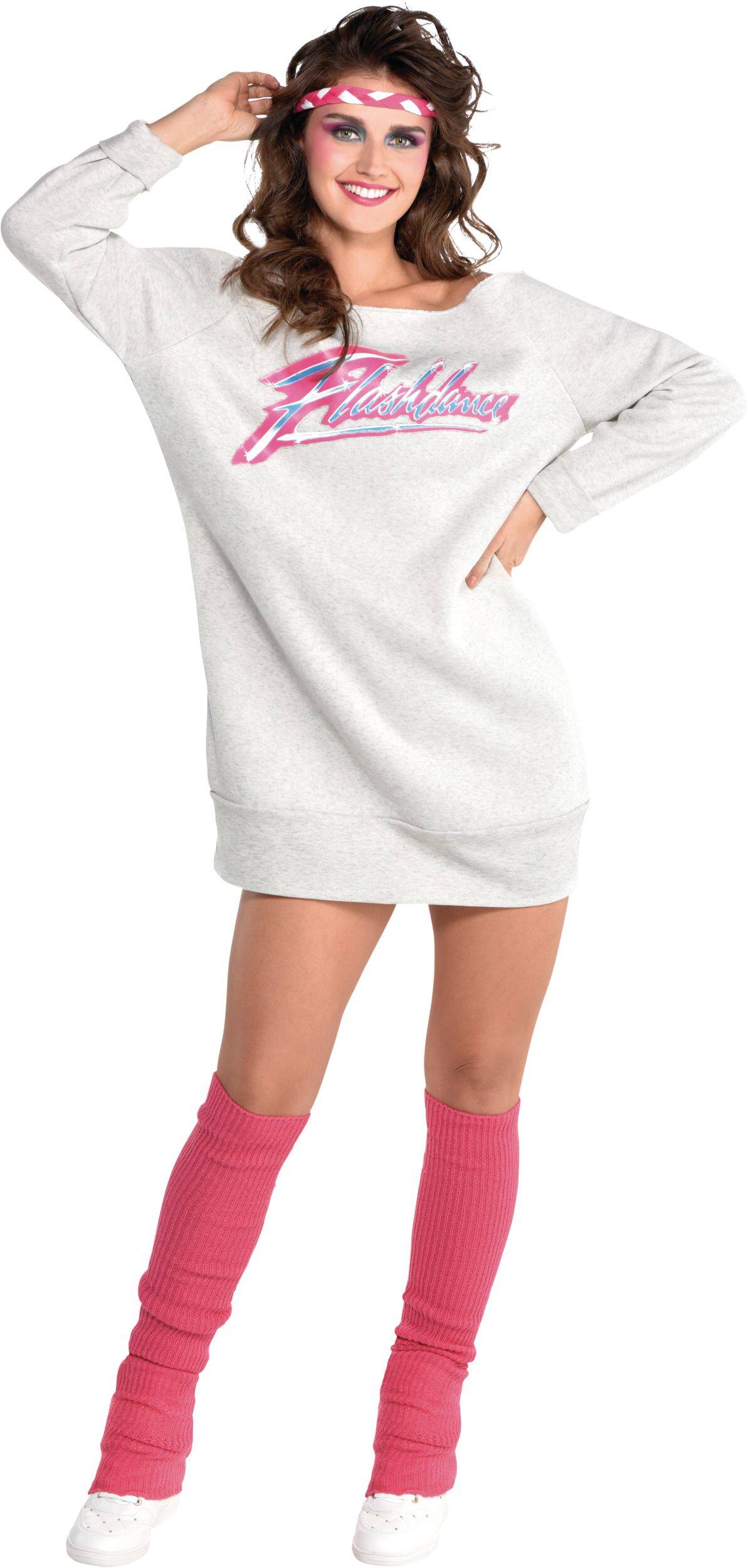 Women's Flashdance Alexandra Owens Grey/Pink Dress with Headband & Leg Warmers Halloween Costume, Assorted Sizes Front_Flat
