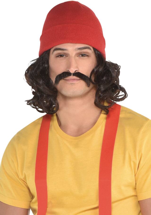 Accessoire de costume de Cheech, Up in Smoke, avec bonnet, moustache et longue perruque frisée, rouge/noir, taille unique, paq. 3, accessoires de costume à porter pour l'Halloween Front_Flat
