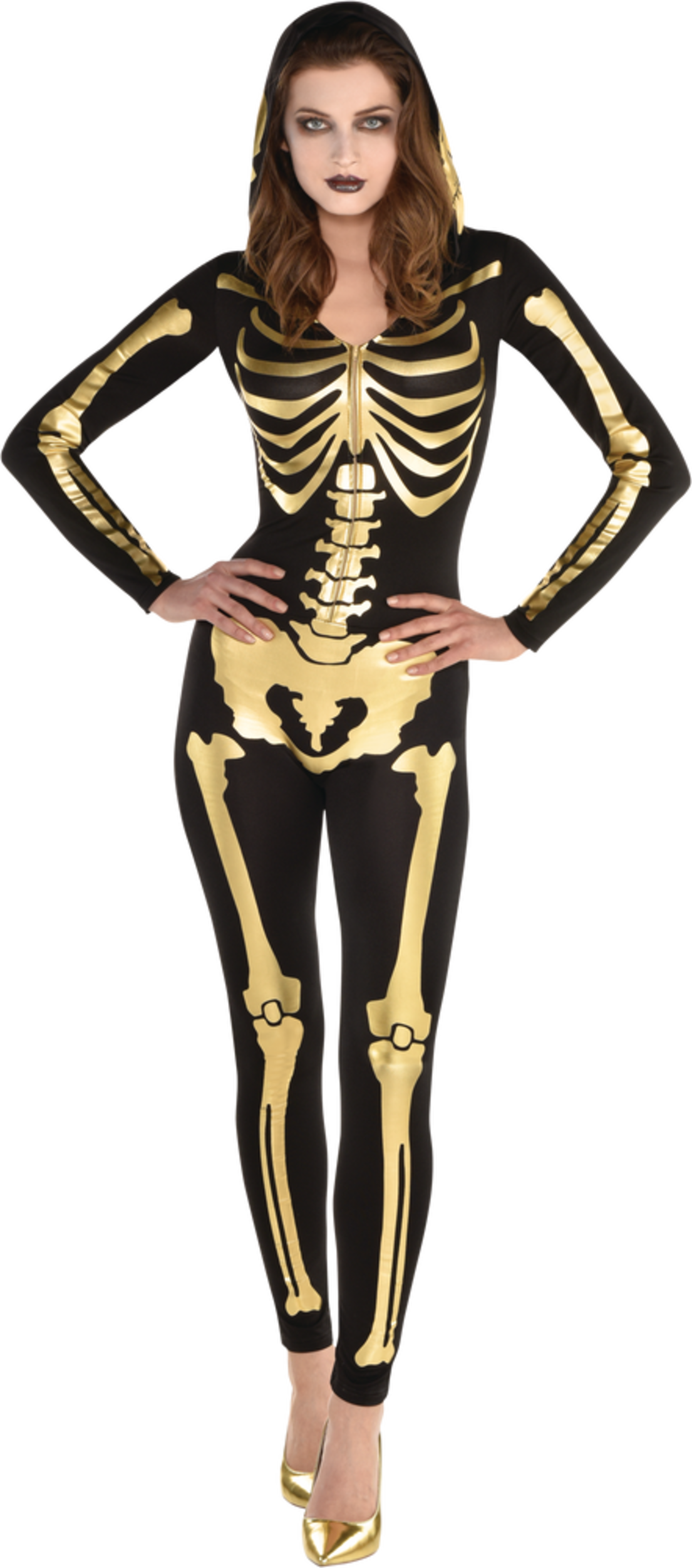Women's Skeleton Black/Gold Jumpsuit with Hood Halloween Costume
