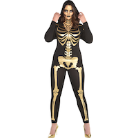 Women's Skeleton Black/Gold Jumpsuit with Hood Halloween Costume, Plus Size Front_Flat