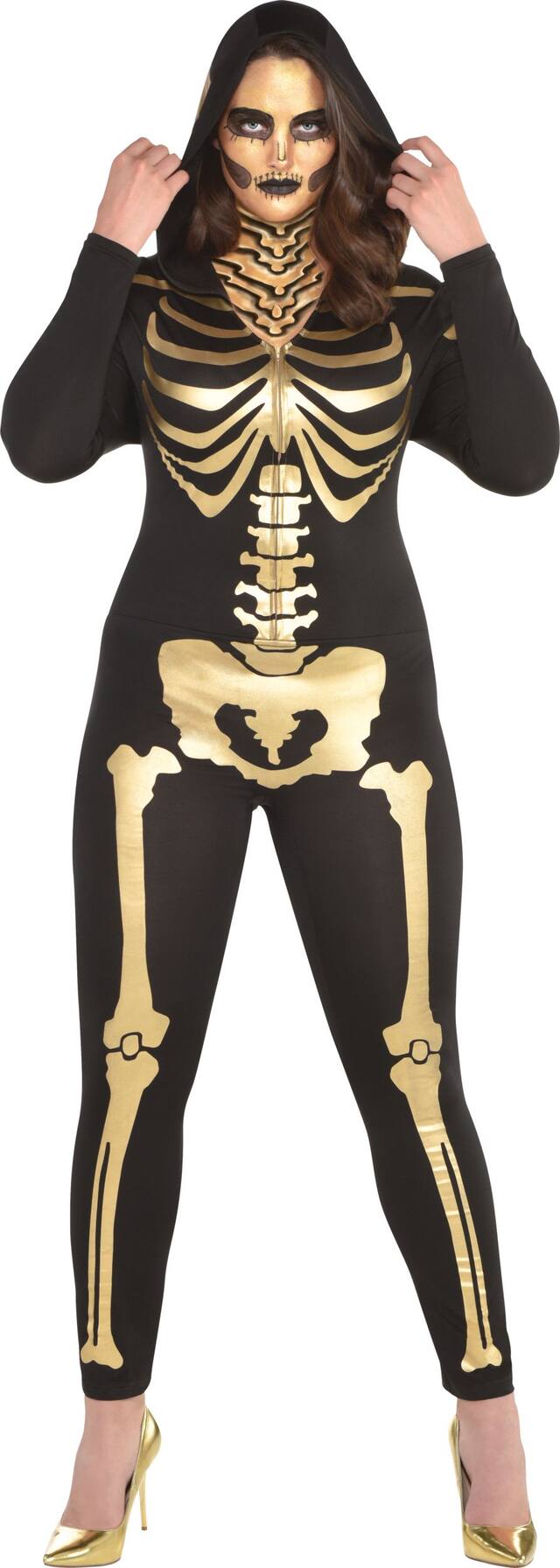 Women's Skeleton Black/Gold Jumpsuit with Hood Halloween Costume, Plus Size Front_Flat