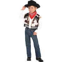 Kids' Western Cowboy Bandana, Vest & Badge, Brown/Cow Print, One Size, 3-pk, Wearable Costume Accessories for Halloween Front_Angled_Left