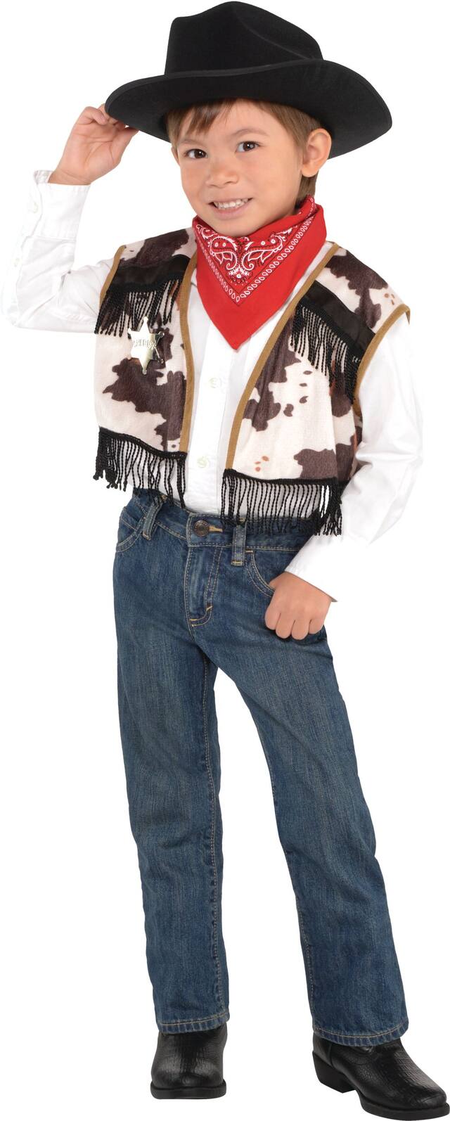 Accessoires de cowboy western pour enfant, bandana, veste et insigne, brun/imprimé peau de vache, taille unique, paq. 3, accessoires de costume à porter pour l'Halloween Front_Angled_Left