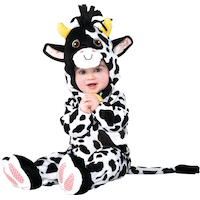 Costume de vache, tout-petits, combinaison noir/blanc avec capuchon et queue, tailles variées