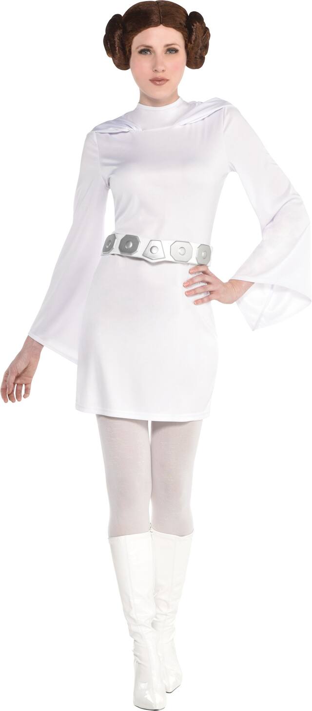 Lucas Women's Disney Star Wars Princess Leia Long Sleeve Dress with Hood & Belt, White/Silver, One Size Front_Flat