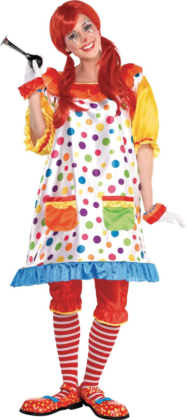 Women's Clown Multi-Coloured Polka Dot Dress Halloween Costume, One Size Front_Flat