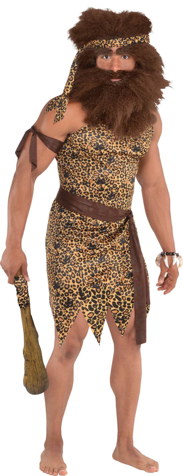 Adult Caveman Kit with Tunic, Headscarf, belt & Arm Tie, Brown Leopard Print, One Size, 4-pk, Wearable Costume Accessories for Halloween Front_Angled_Right