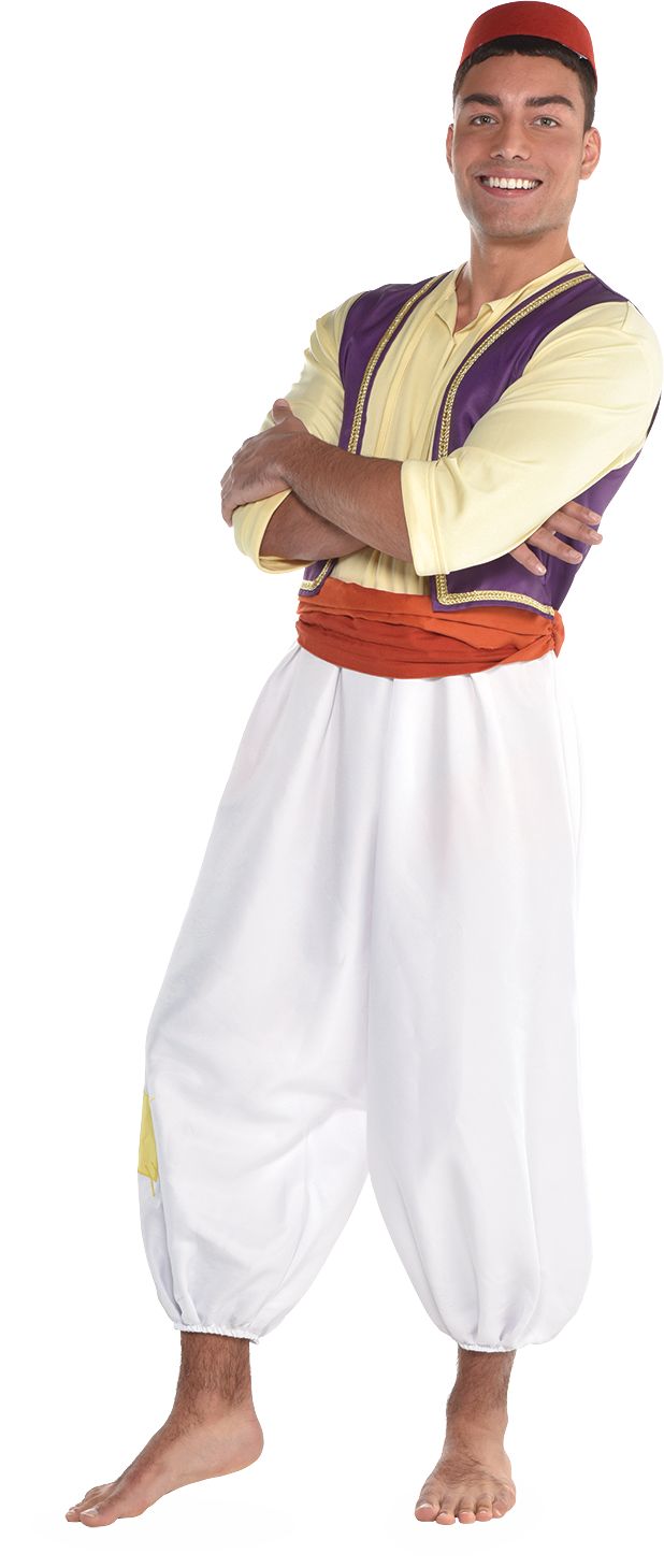 Men's Disney Aladdin Multi-Coloured Jumpsuit with Hat Halloween Costume, Assorted Sizes Front_Angled_Left