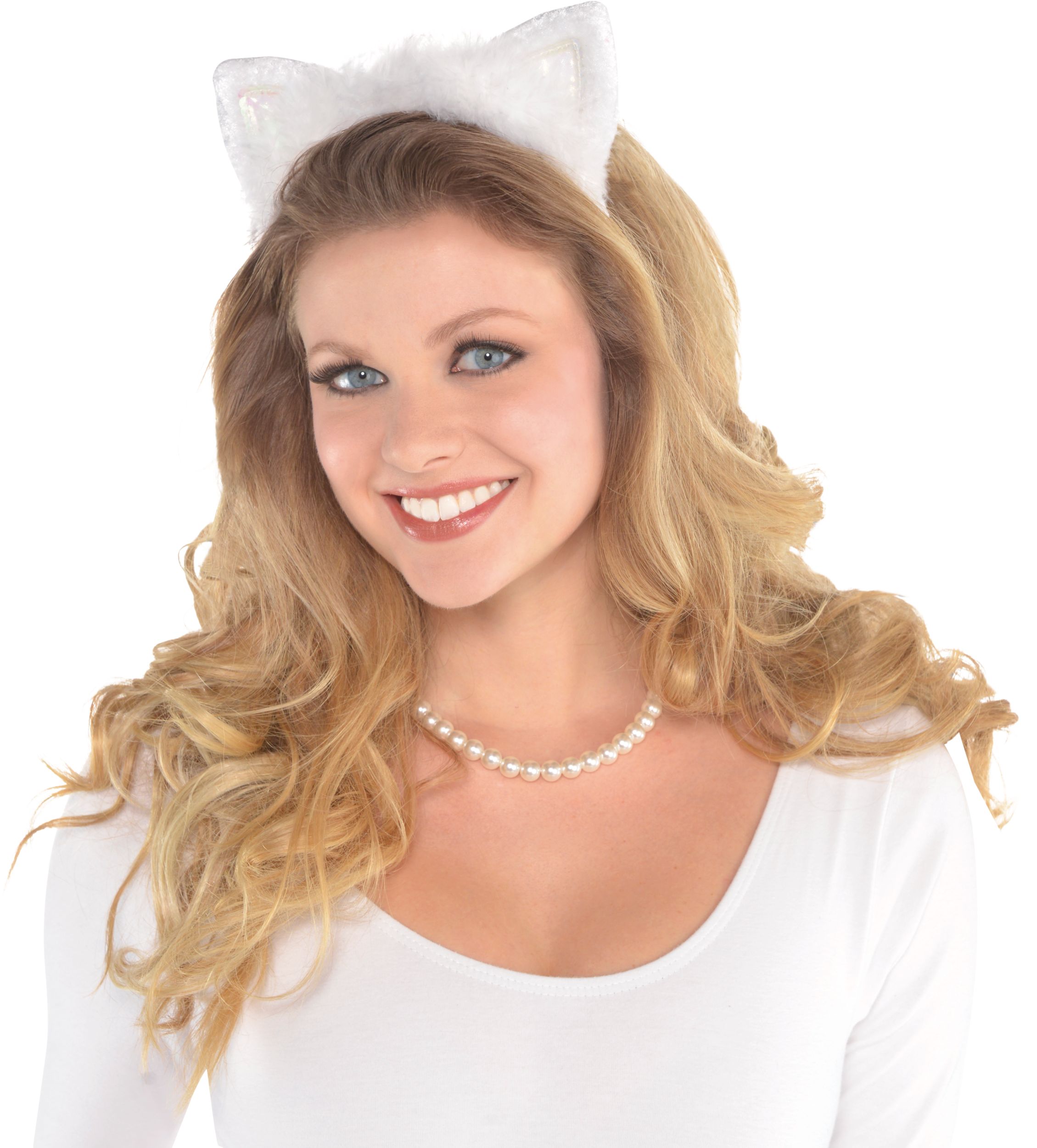 White Marabou Cat Ears Party Headband Front_Flat
