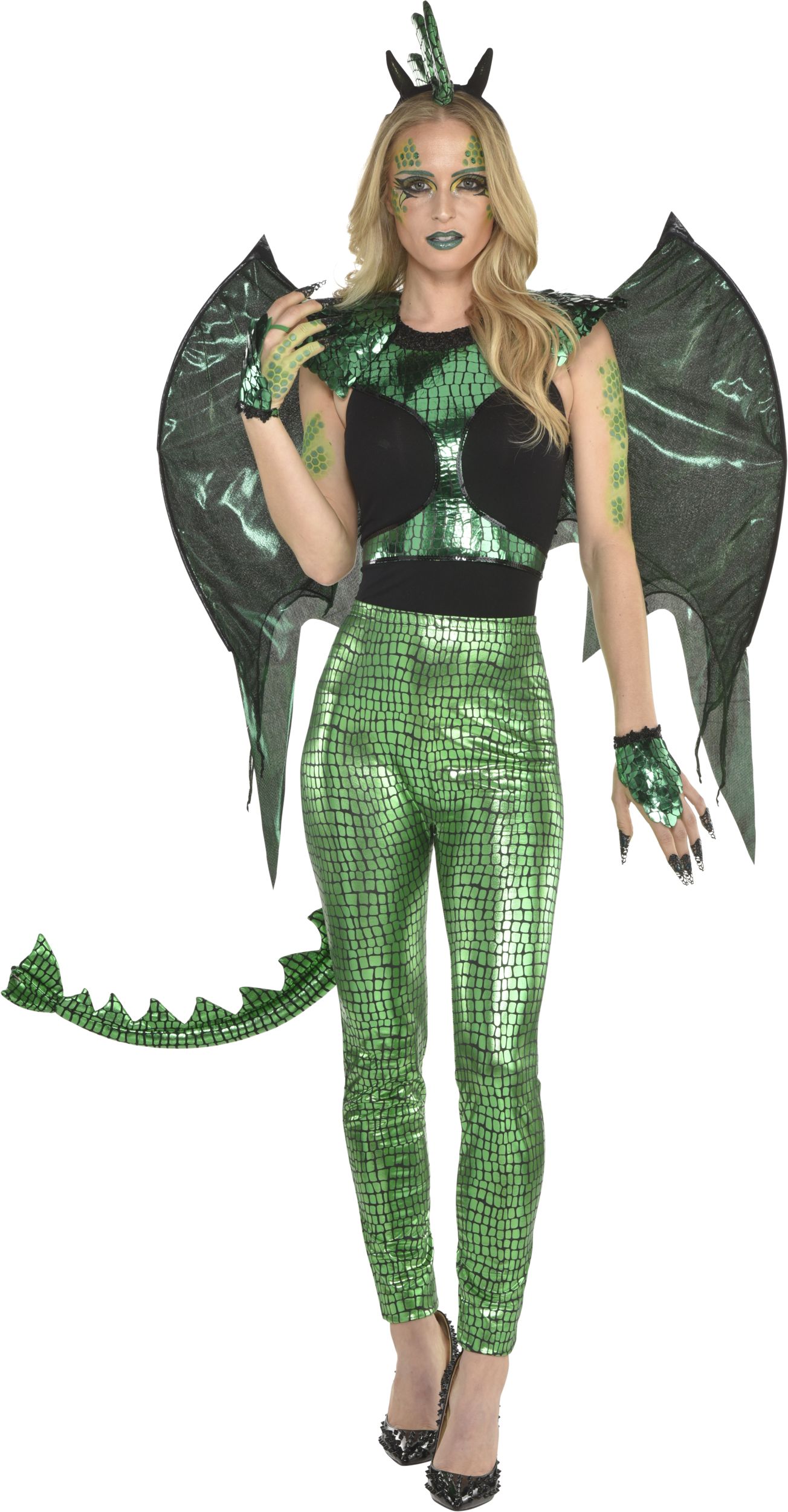 Dragon Face Makeup Kit with Glitter, Gems, Crayons & Sponge, Green, One Size, Costume Accessory for Halloween Front_Flat