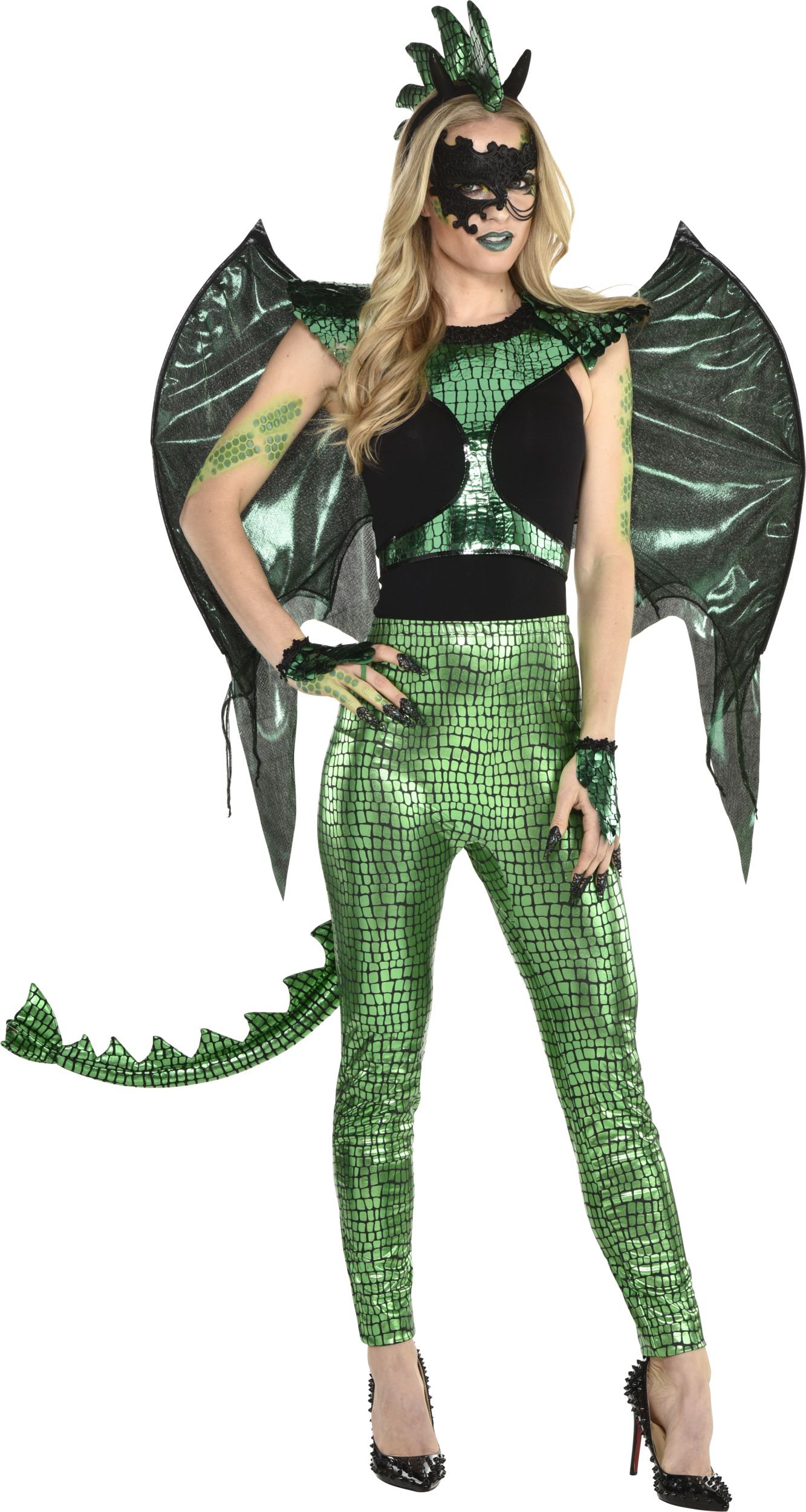 Dragon Face Makeup Kit with Glitter, Gems, Crayons & Sponge, Green, One Size, Costume Accessory for Halloween Front_Flat