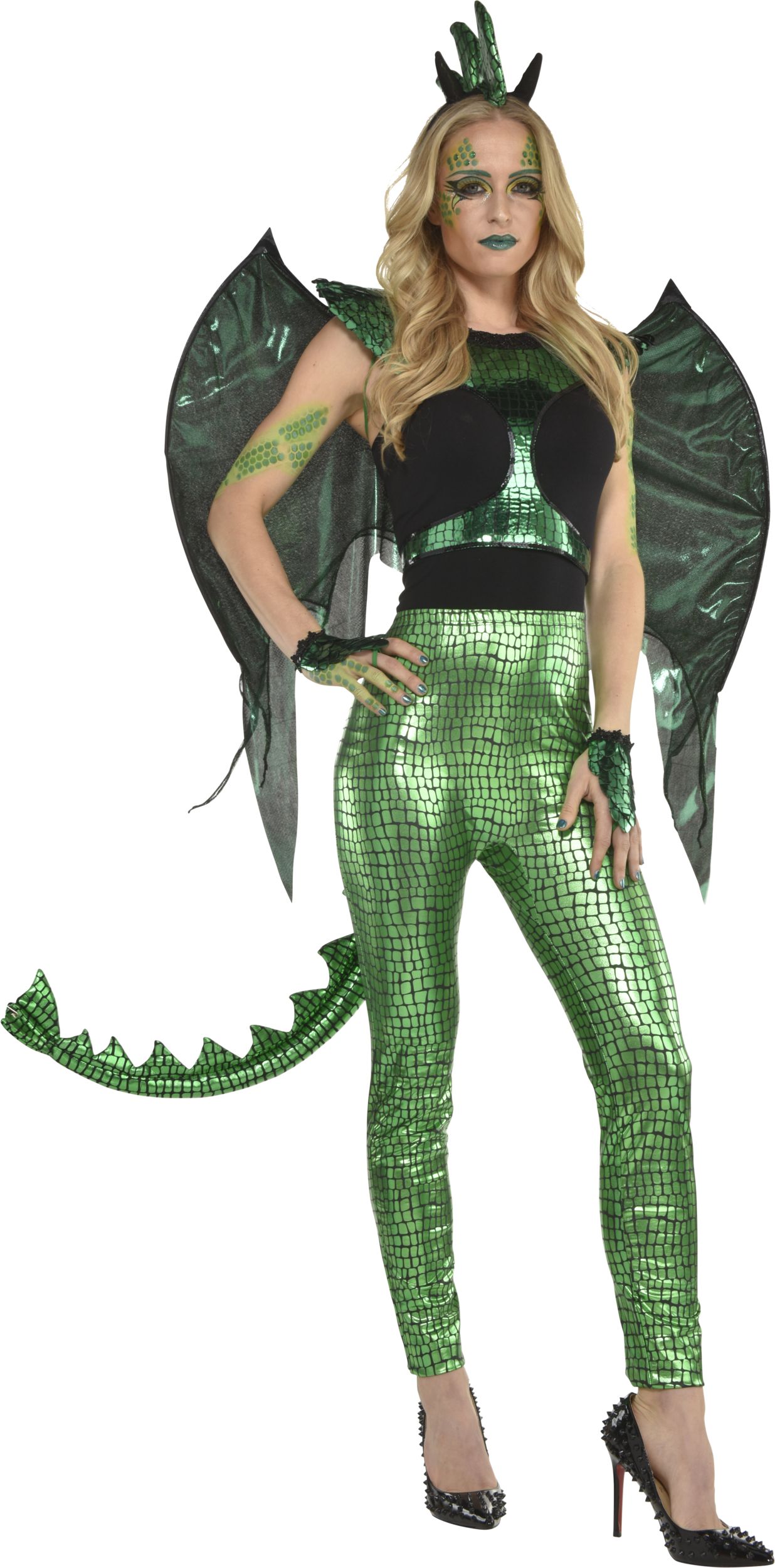 Dragon Face Makeup Kit with Glitter, Gems, Crayons & Sponge, Green, One Size, Costume Accessory for Halloween Front_Flat