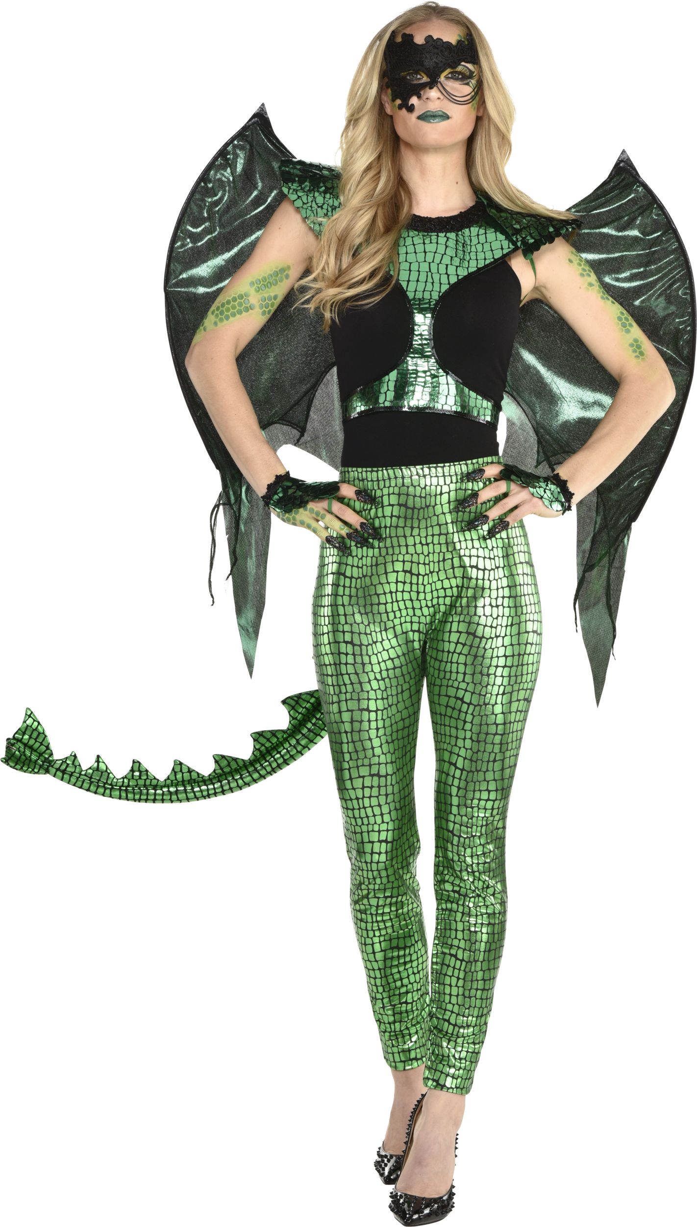 Dragon Face Makeup Kit with Glitter, Gems, Crayons & Sponge, Green, One Size, Costume Accessory for Halloween Front_Flat