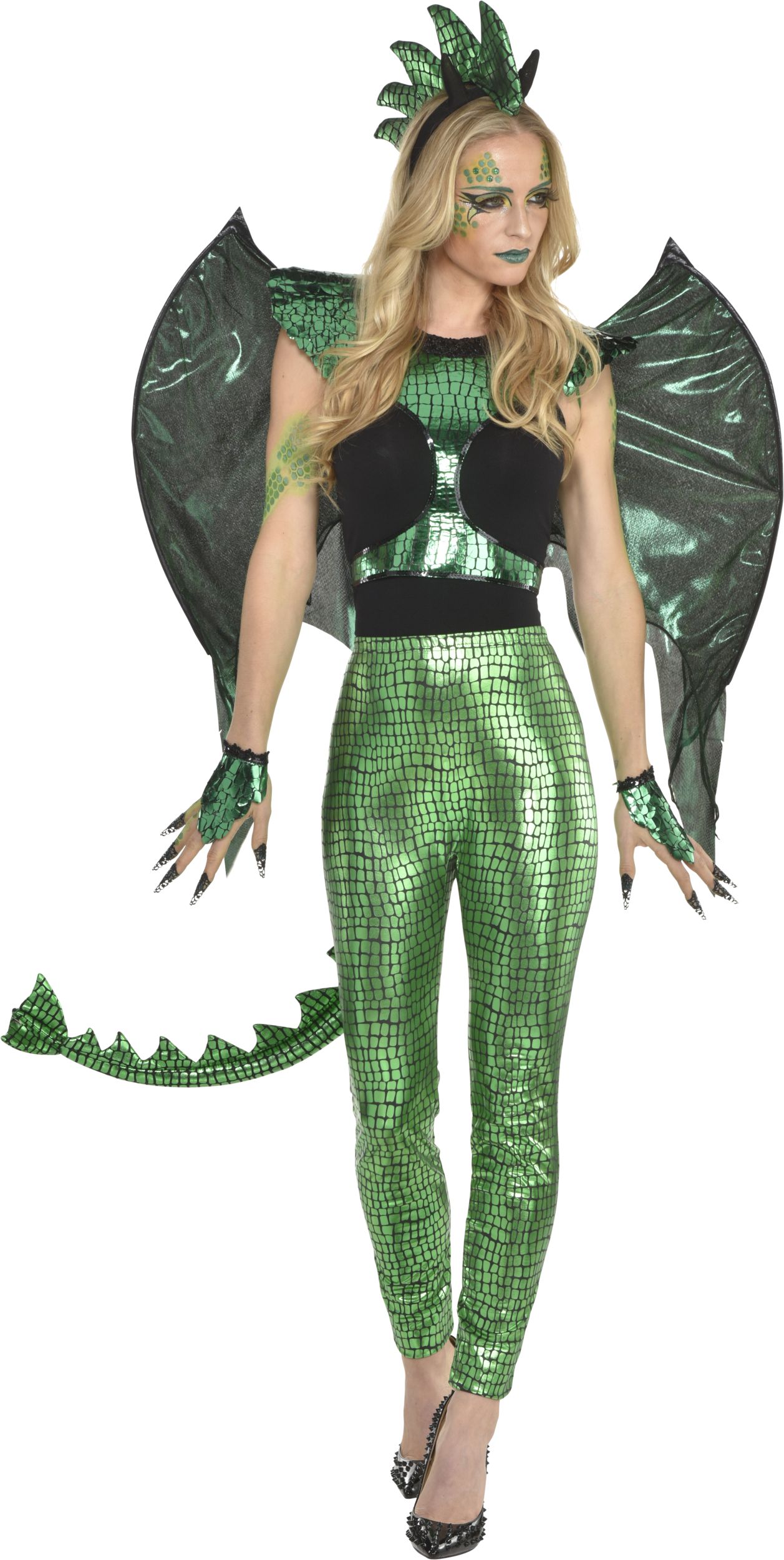 Dragon Face Makeup Kit with Glitter, Gems, Crayons & Sponge, Green, One Size, Costume Accessory for Halloween Front_Flat