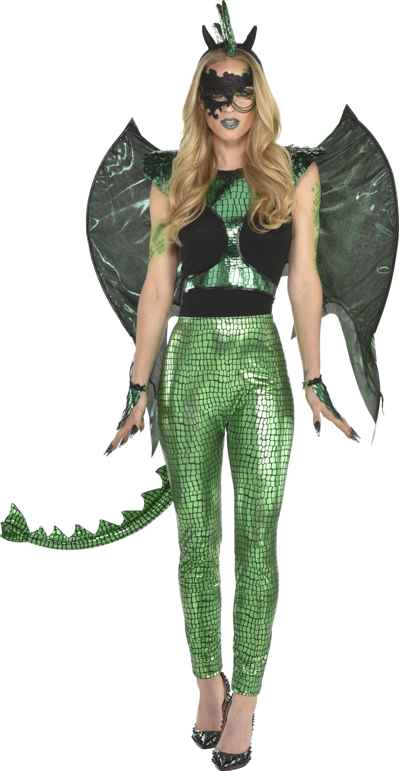 Dragon Face Makeup Kit with Glitter, Gems, Crayons & Sponge, Green, One Size, Costume Accessory for Halloween Front_Flat