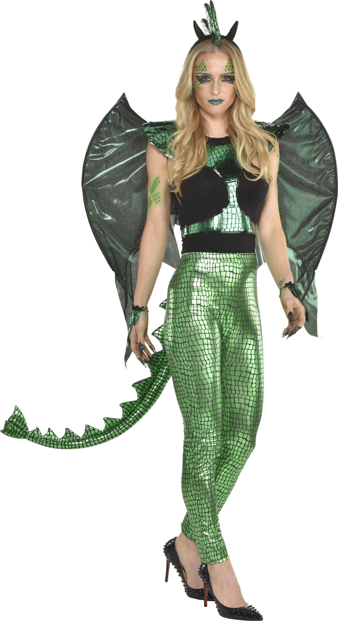 Dragon Face Makeup Kit with Glitter, Gems, Crayons & Sponge, Green, One Size, Costume Accessory for Halloween Front_Flat