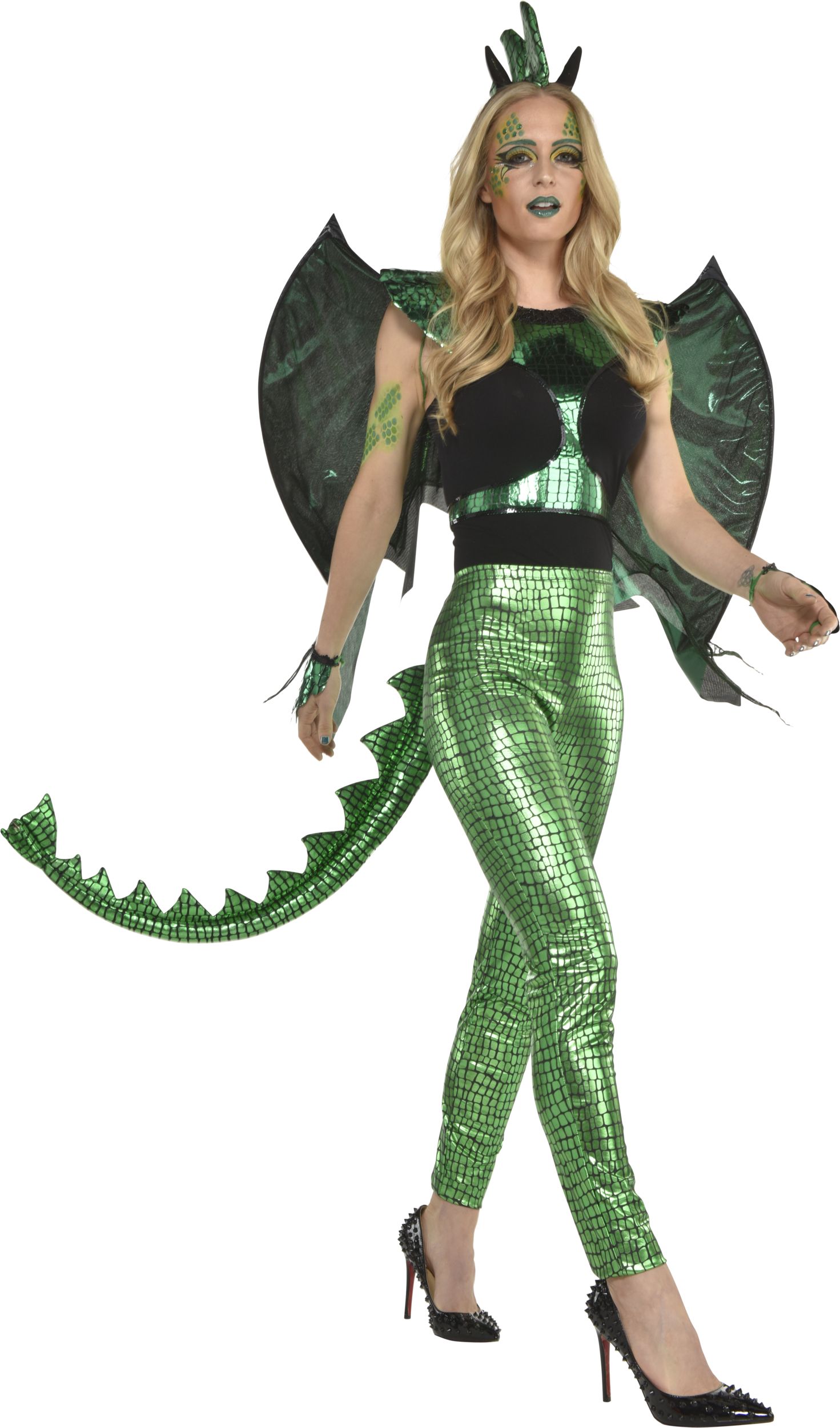 Dragon Face Makeup Kit with Glitter, Gems, Crayons & Sponge, Green, One Size, Costume Accessory for Halloween Front_Angled_Right