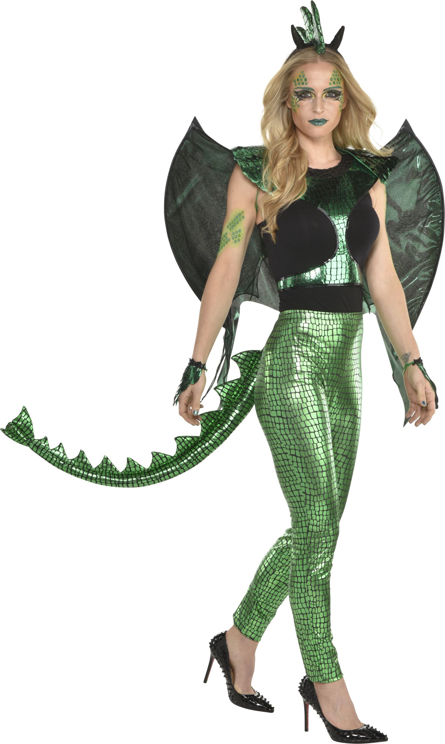 Dragon Face Makeup Kit with Glitter, Gems, Crayons & Sponge, Green, One Size, Costume Accessory for Halloween Front_Angled_Right