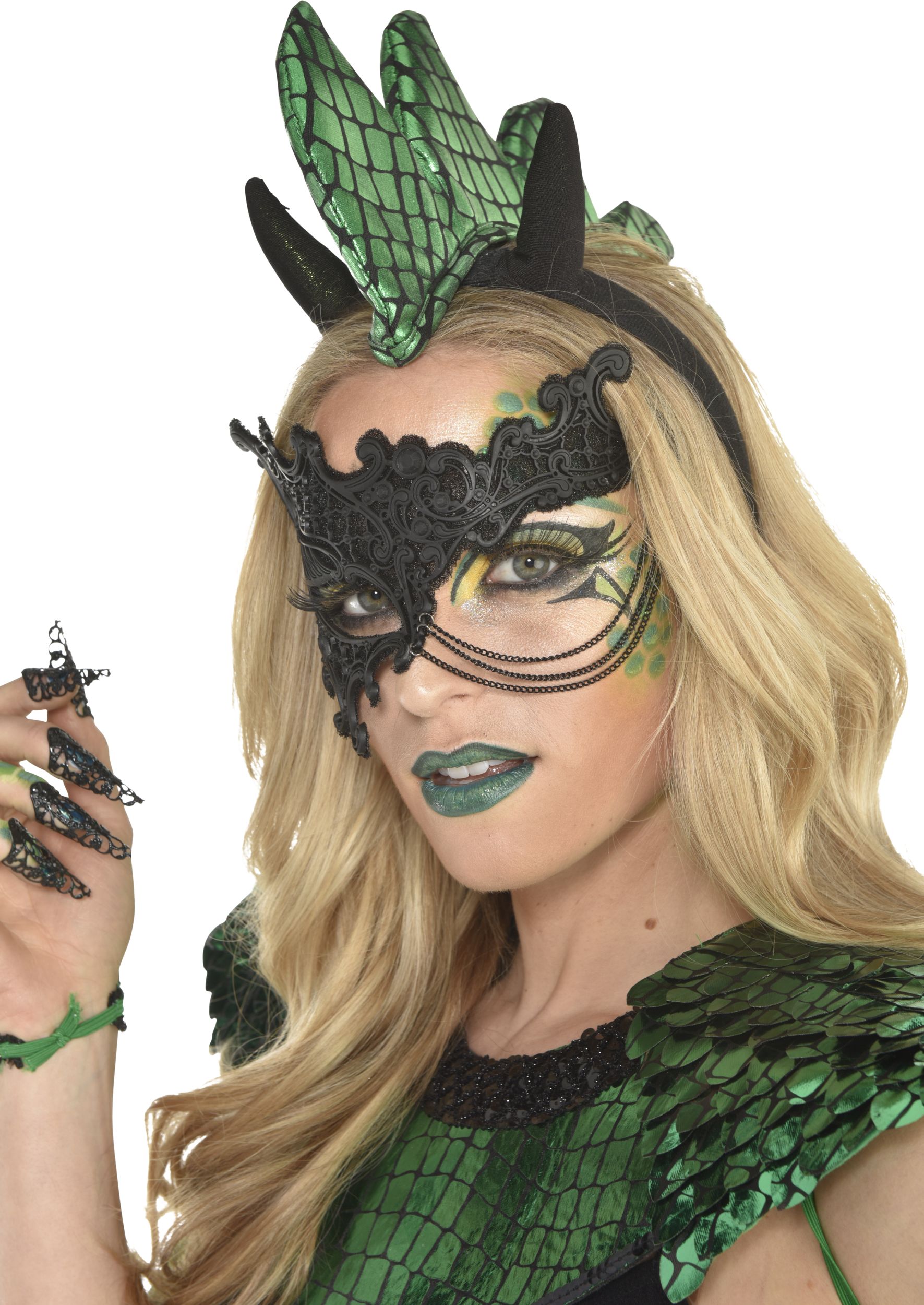 Dragon Face Makeup Kit with Glitter, Gems, Crayons & Sponge, Green, One Size, Costume Accessory for Halloween Front_Angled_Left