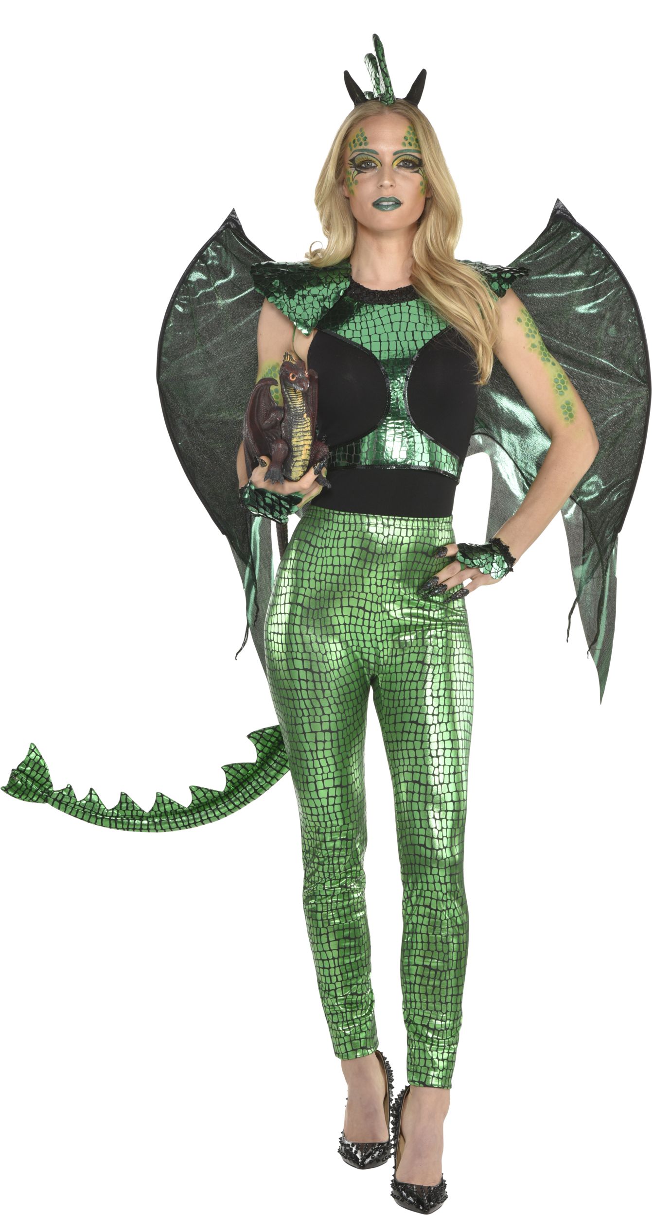 Dragon Face Makeup Kit with Glitter, Gems, Crayons & Sponge, Green, One Size, Costume Accessory for Halloween Front_Flat