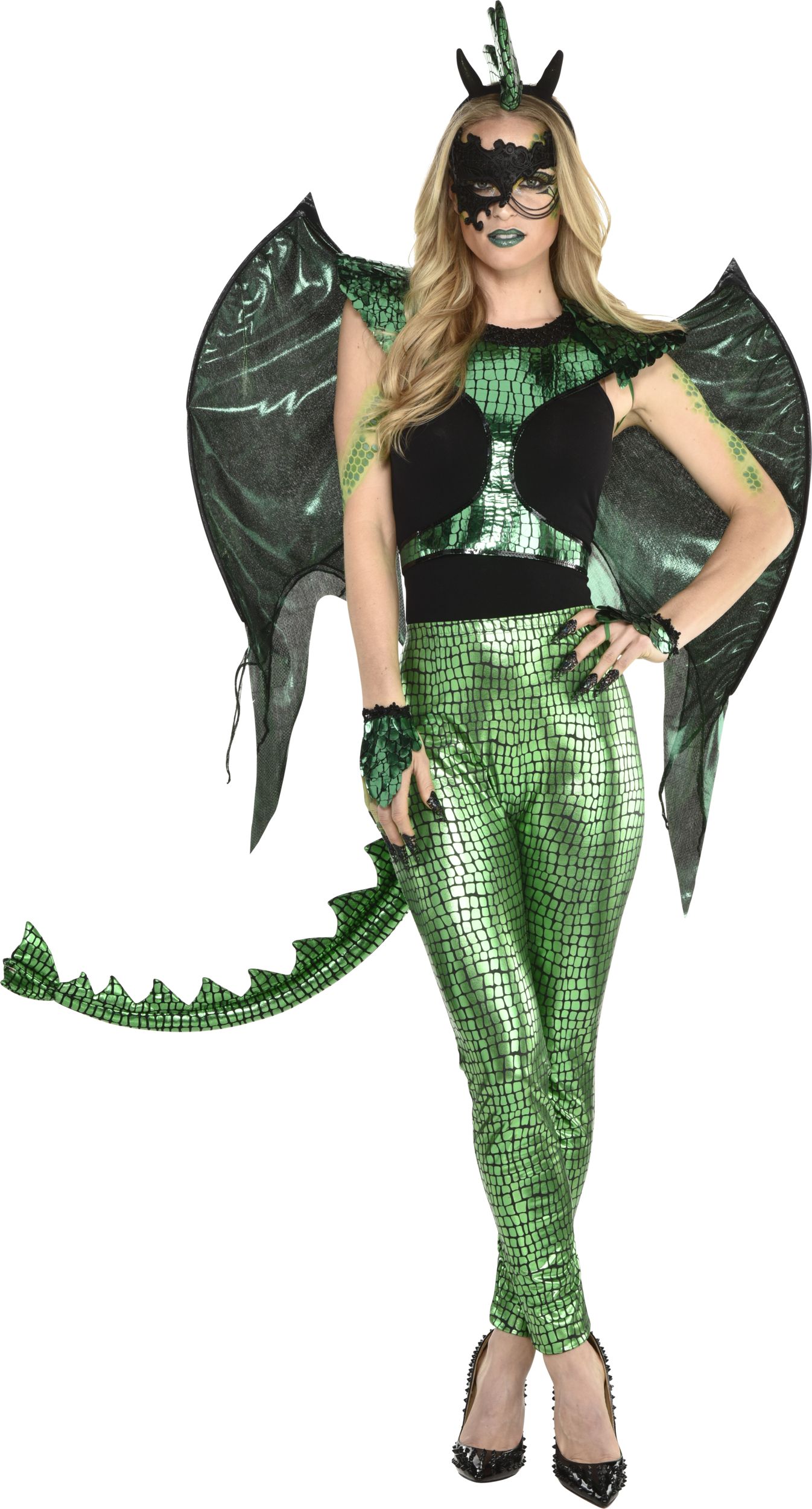 Dragon Face Makeup Kit with Glitter, Gems, Crayons & Sponge, Green, One Size, Costume Accessory for Halloween Front_Flat