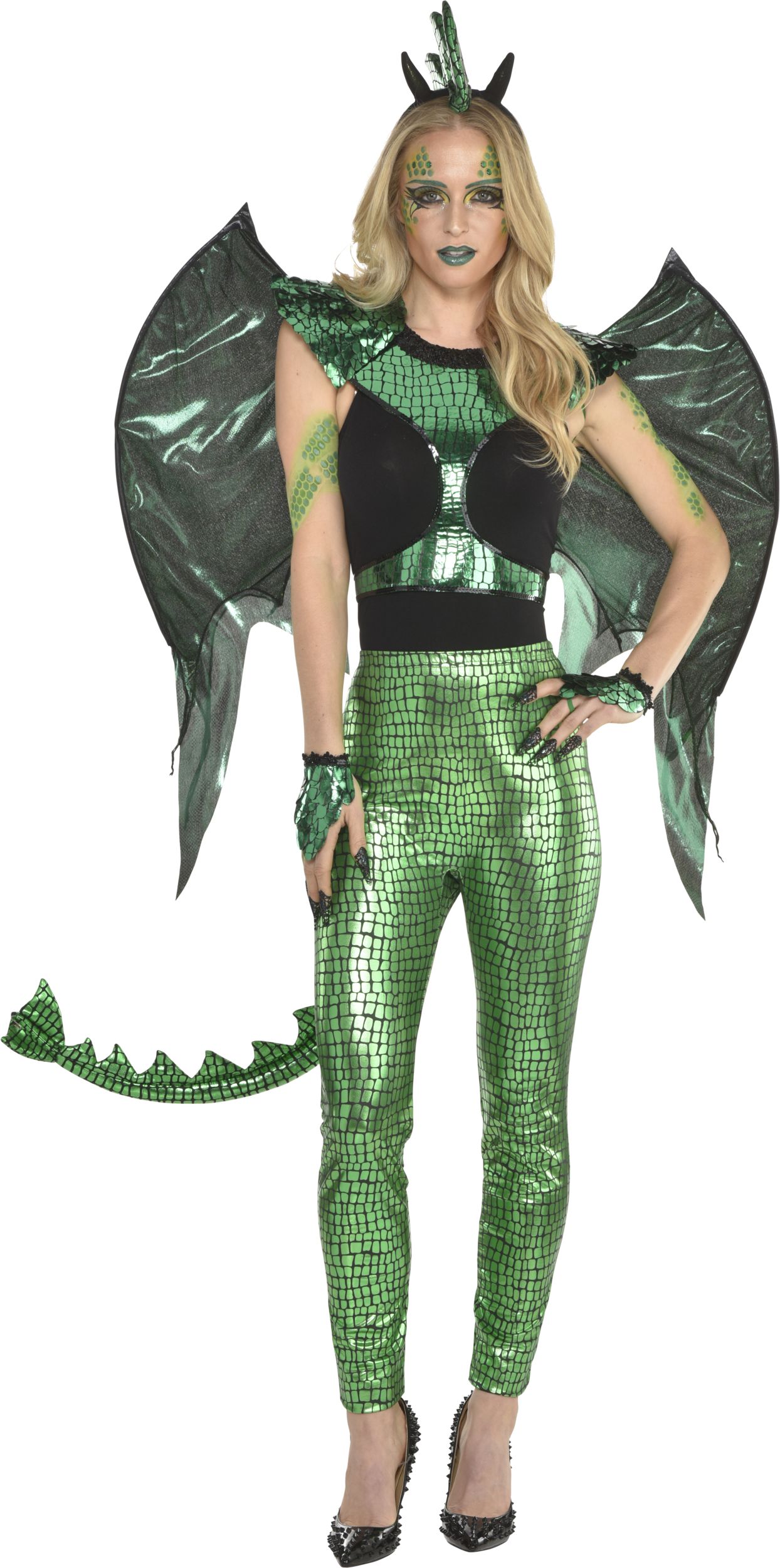 Dragon Face Makeup Kit with Glitter, Gems, Crayons & Sponge, Green, One Size, Costume Accessory for Halloween Front_Flat