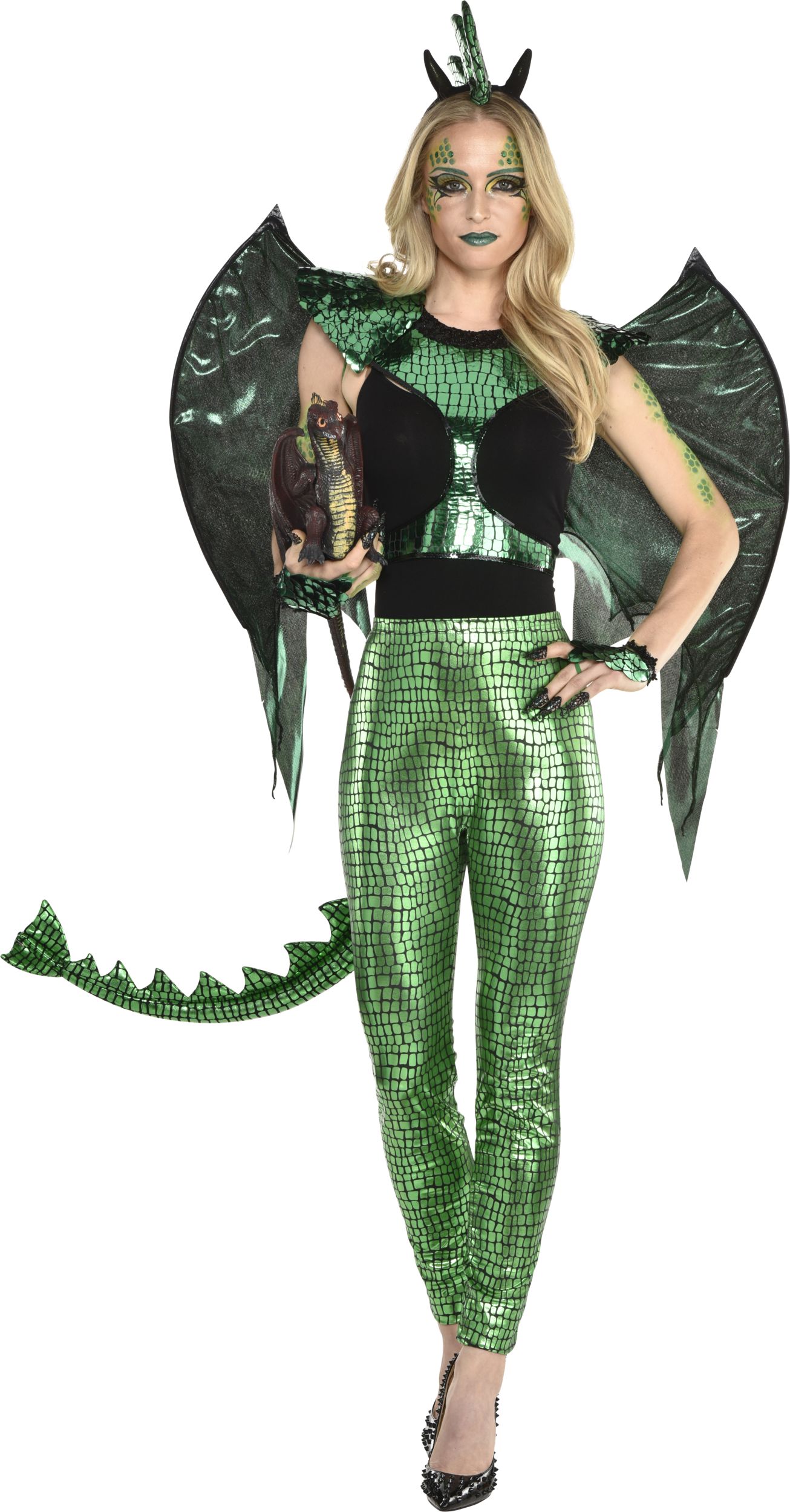 Dragon Face Makeup Kit with Glitter, Gems, Crayons & Sponge, Green, One Size, Costume Accessory for Halloween Front_Flat