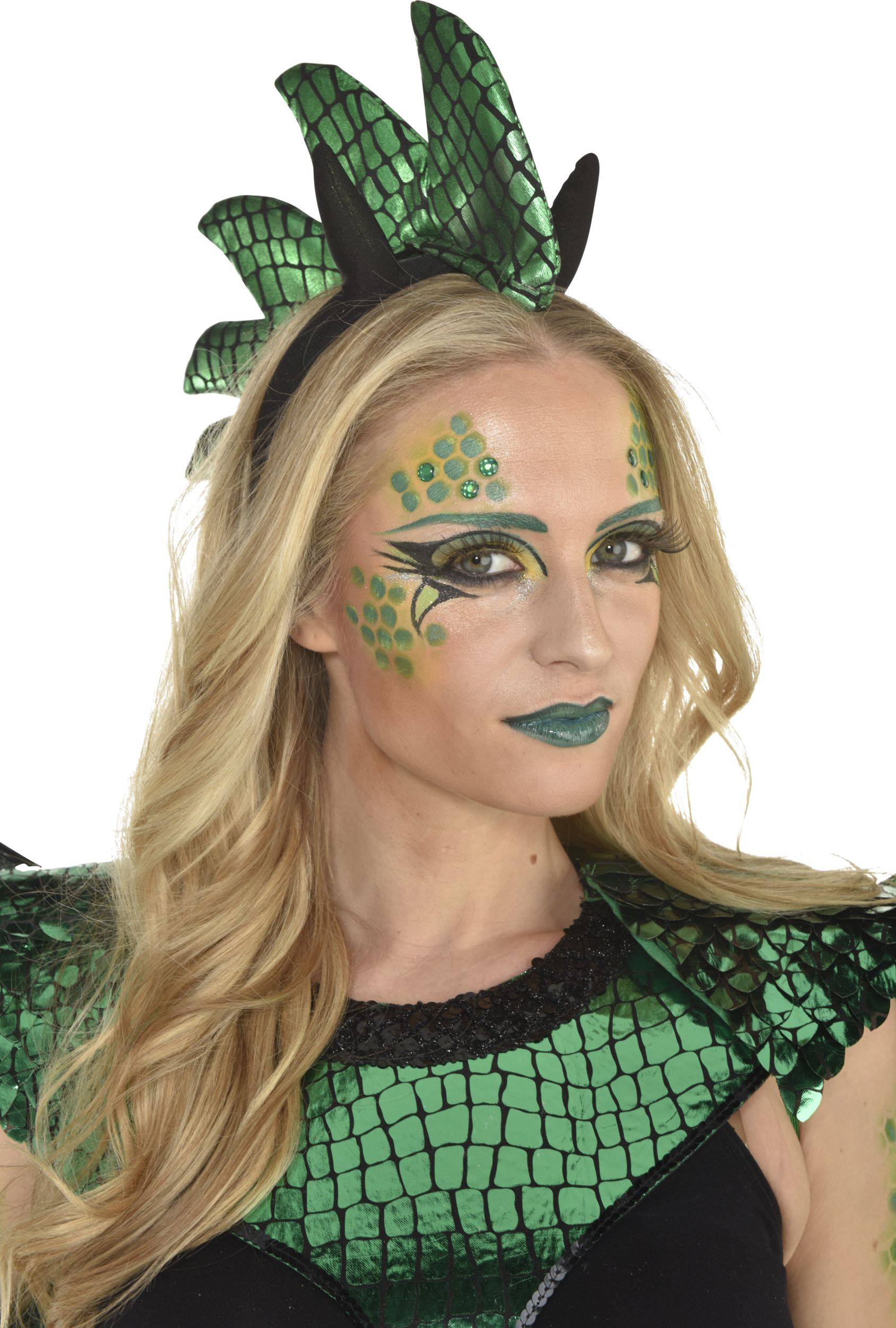 Dragon Face Makeup Kit with Glitter, Gems, Crayons & Sponge, Green, One Size, Costume Accessory for Halloween Front_Angled_Right
