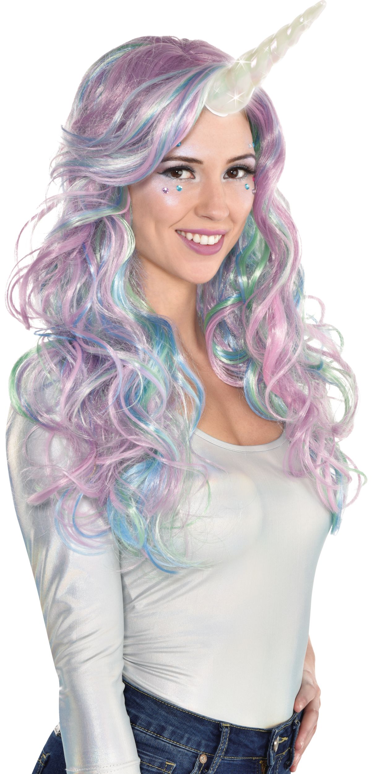 Light-Up Unicorn Horn, Iridescent White, 7.5-in, Wearable Costume Accessory for Halloween Front_Angled_Right