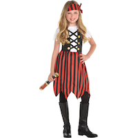 Kids' Pirate Black/Red Striped Dress with Bandana Halloween Costume, Assorted Sizes Front_Flat