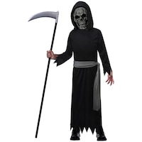 Costume de faucheuse, enfants, tenue noire avec robe/capuchon/masque, tailles variées Front_Flat