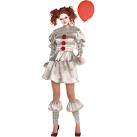 Costume de clown Ça Pennywise, femmes, robe grise avec couvre-bottes, tailles variées Front_Flat