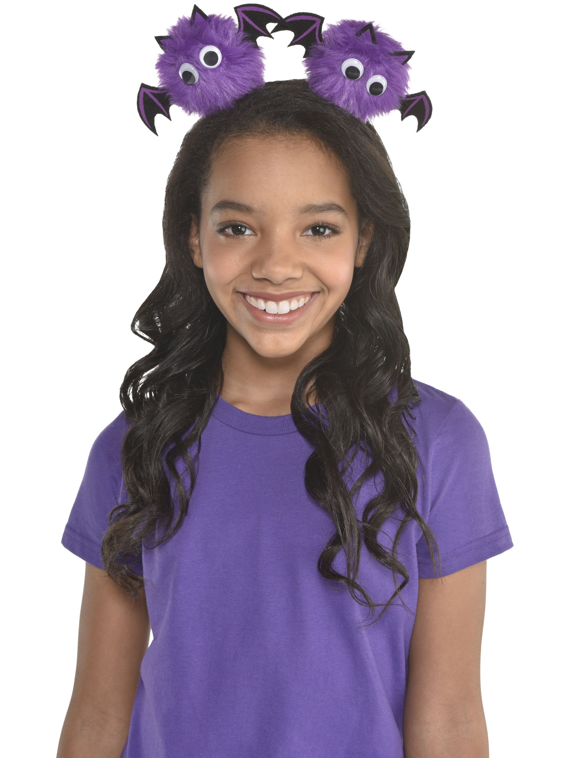 Kids' Pom Pom Bat Headband, Purple, One Size, Wearable Costume Accessory for Halloween Front_Flat