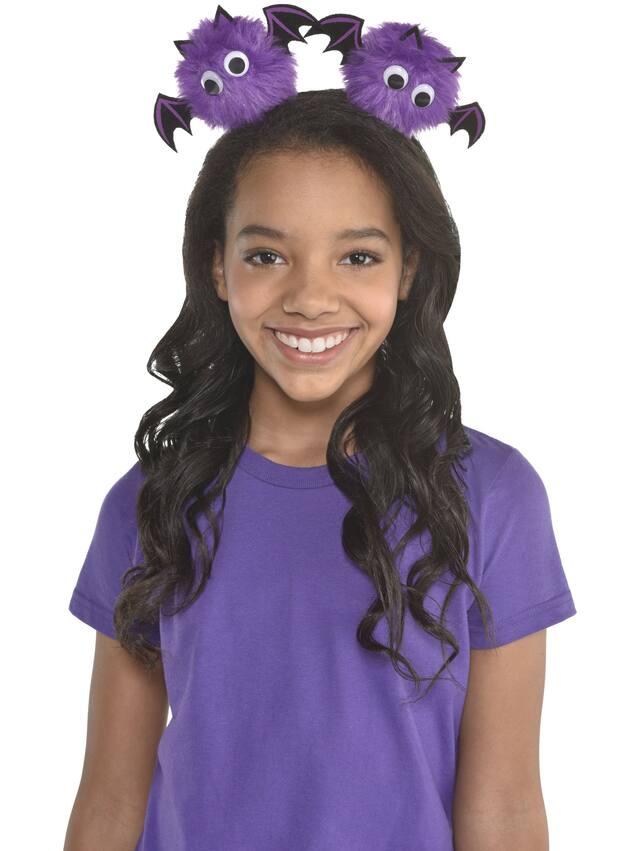 Serre-tête de chauve-souris à pompons pour enfant, violet, taille unique, accessoire de costume à porter pour l'Halloween Front_Flat