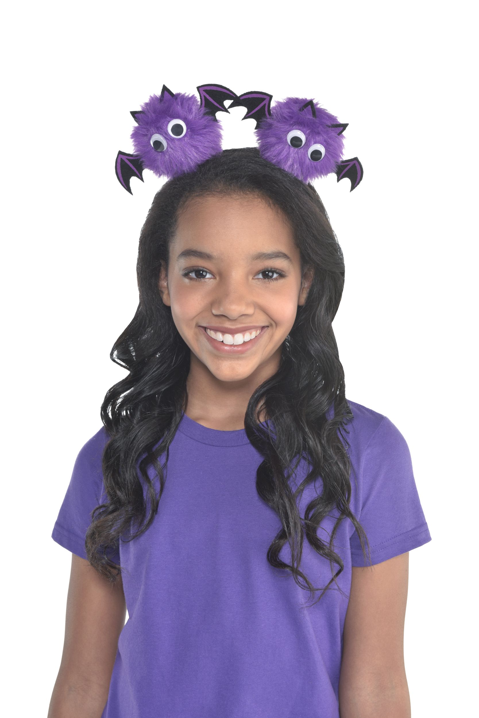 Kids' Pom Pom Bat Headband, Purple, One Size, Wearable Costume Accessory for Halloween Front_Flat
