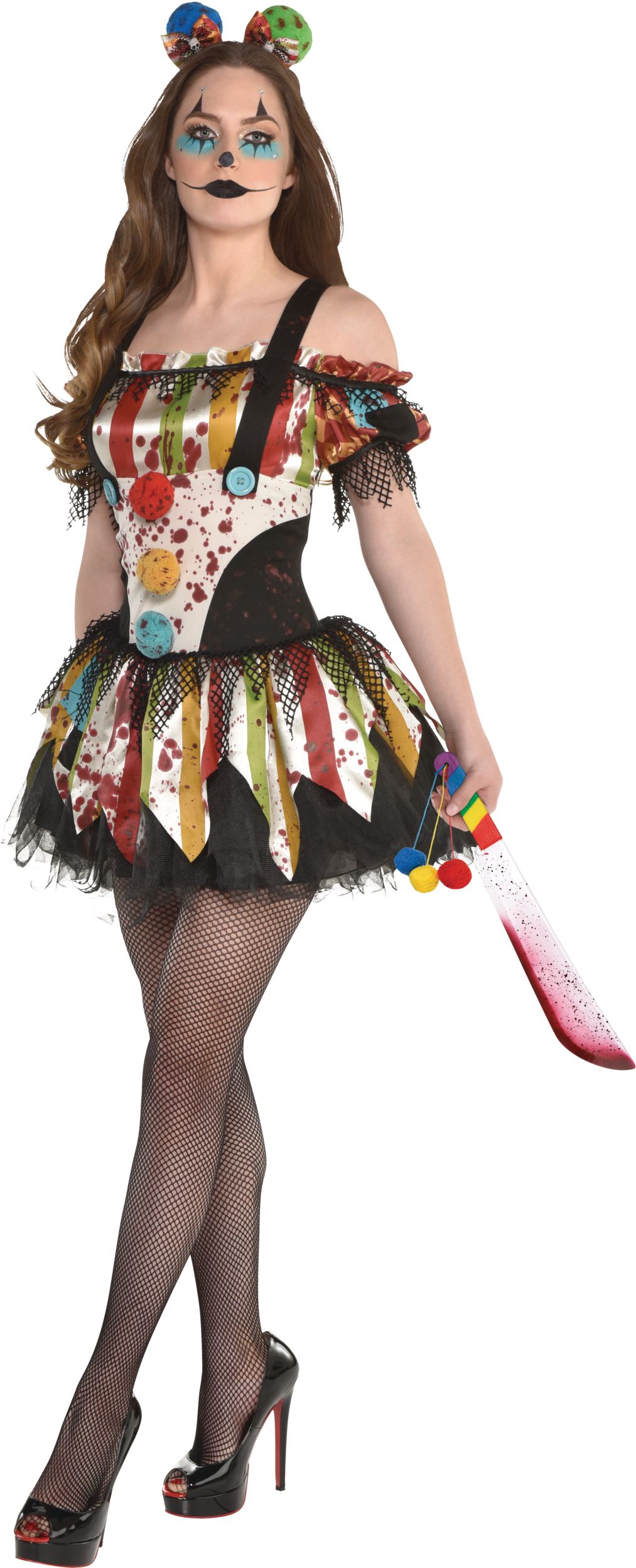 Women's Bloody Clown Multi-Coloured Dress Halloween Costume, Assorted Sizes Front_Angled_Left