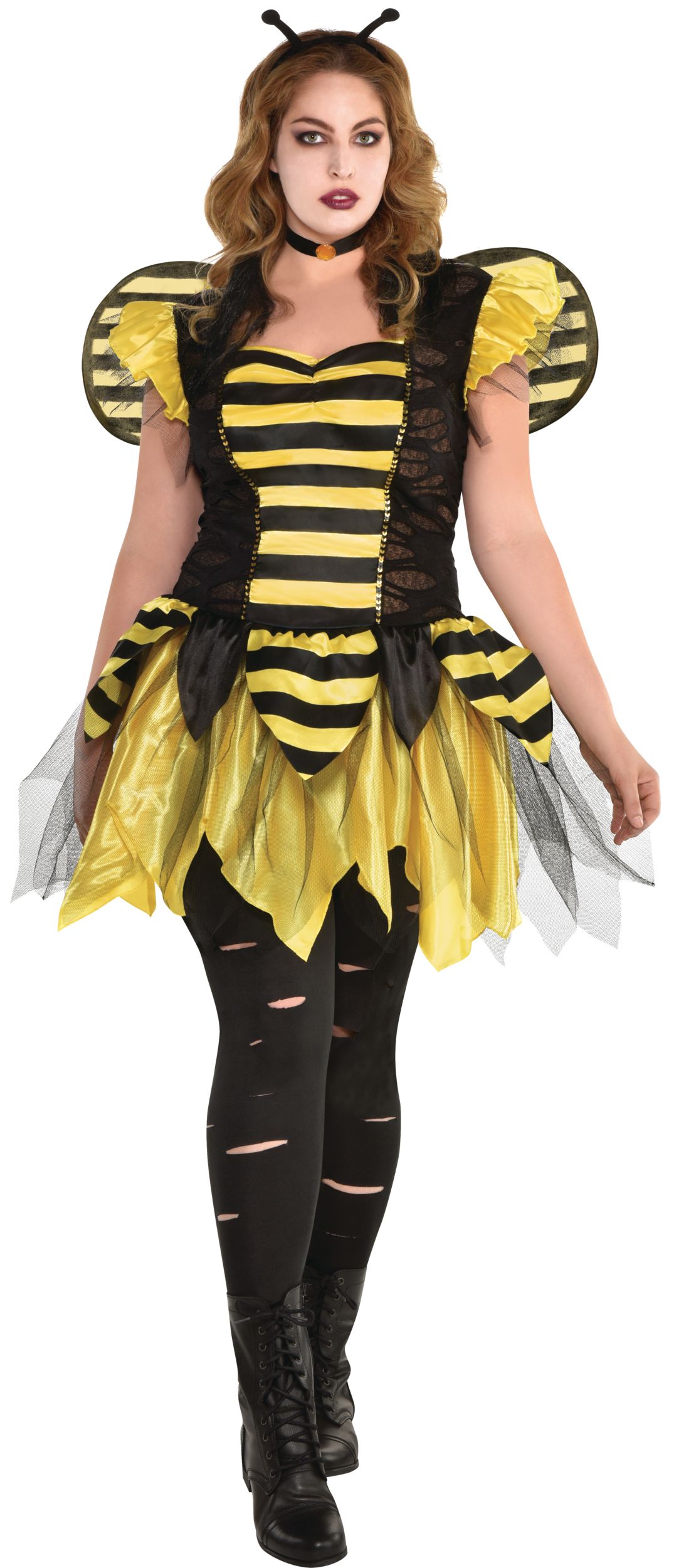 Women's Zombie Bumblebee Yellow/Black Dress with Wings & Headband Halloween Costume, Plus Size Front_Flat