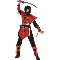 Kids' Ninja Assassin Black/Red Jumpsuit with Mask, Belt, Red Tabard and Hood Halloween Costume, Assorted Sizes Front_Angled_Right